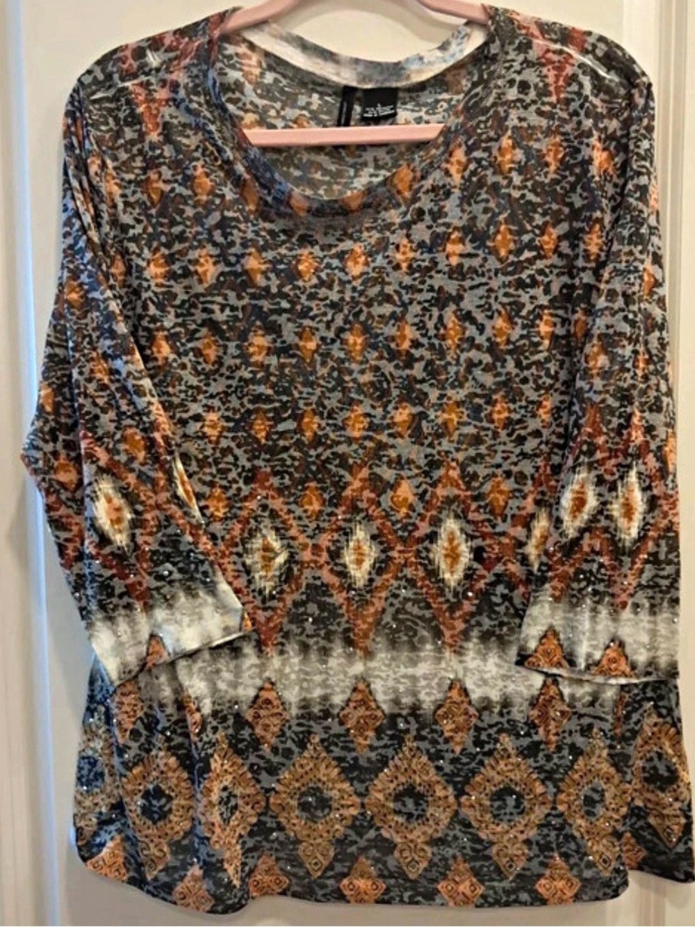 New Directions Multicolor Geometric Print Round Neck Long Sleeve Knit Top L